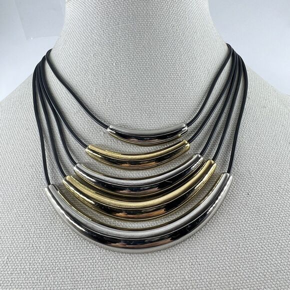 KIAM FAMILY For Lia Sophia Gold Silver Tone Necklace 5 Strand Faux Leather Cord - Picture 1 of 8